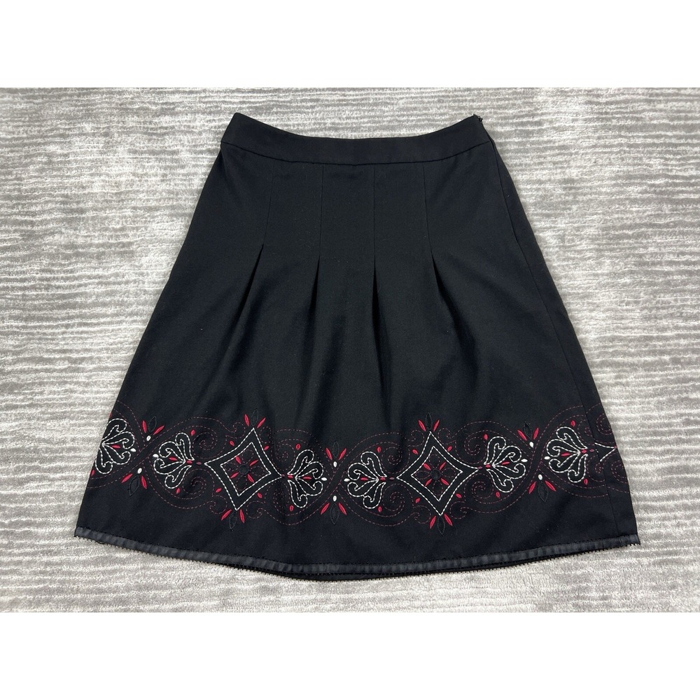 Ann Taylor Loft Skirt Womens 0 Black Embroidered‎ A-Line Lined Side Zip Pleated